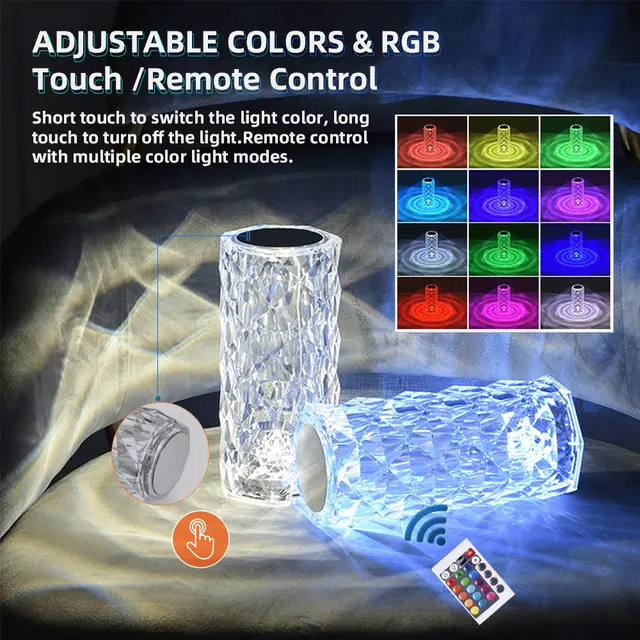 Diamond Rose Crystal Lamp 16 Color Changing ( With Remote) Touch Lamp Usb Rechargeable